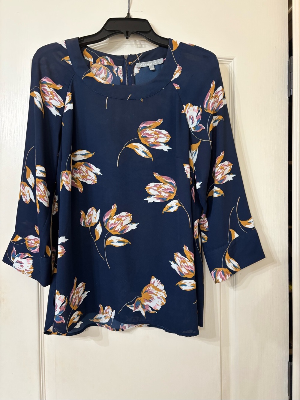 Daniel Rainn Navy Floral Blouse - Navy with Pink & Mustard Tulip Print